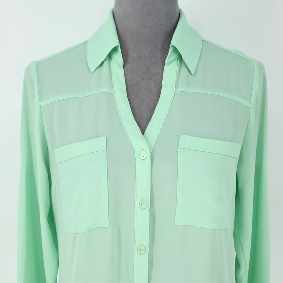 Express Top Womens Small Mint Green The Portofino Shirt Blouse Roll Tab Sleeves - Picture 7 of 15